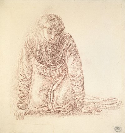 Diz çökmüş bir kadın figürü (beyaz kağıt üzerine koyu kırmızı tebeşir) by Edward Burne Jones