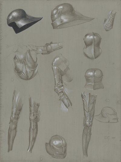 Bir Takım Zırh Çalışmaları, 1875 (kağıt üzerinde grafit, yıkama, tuvalet ve gövde rengi) by Edward Burne Jones