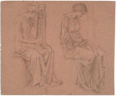 Oturan bir kızın kanun çaldığı iki çalışma by Edward Coley Burne Jones
