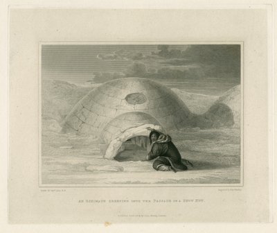 Kardan yapılmış bir kulübenin geçidine doğru sürünen bir Eskimaux by Edward Francis Finden