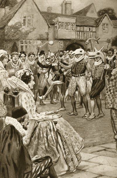 Kraliçe Ellizabeth I soytarılar tarafından eğlendiriliyor (litho) by Edward Frederick Skinner