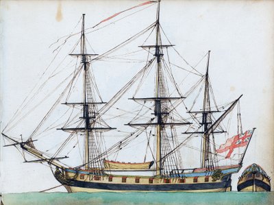 20 topa sahip İngiliz gemisi, arma ve bir gemi teknesi ve kıç tarafın ayrı bir görünümü, yaklaşık 1780 (suluboya, kalem ve mürekkep ) by Edward Gwyn