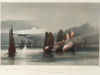 HMS Columbine, J C Dalrymple Hay, Esqr, Commr tarafından 28 Eylül 1849 gecesi Tysami, Çin açıklarında Chuiapoo Korsan Filosuna Saldırı, c.1849 (baskı, litografi, renkli) by Edward Hodges Cree