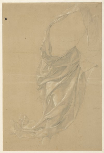Sağa doğru adım atan bir figürün perdelik çalışması, pelerin başının üzerine atılmış by Edward Jakob von Steinle