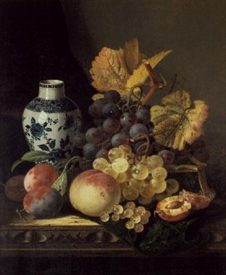 Mavi Beyaz Vazoda Üzüm, Şeftali, Erik ve Kuş üzümü by Edward Ladell