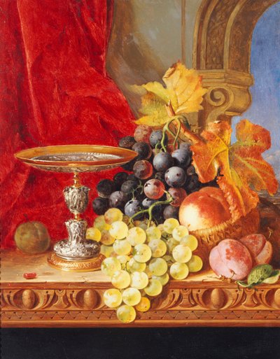 Üzüm ve şeftali ile bir pencerede bir masada tazza by Edward Ladell