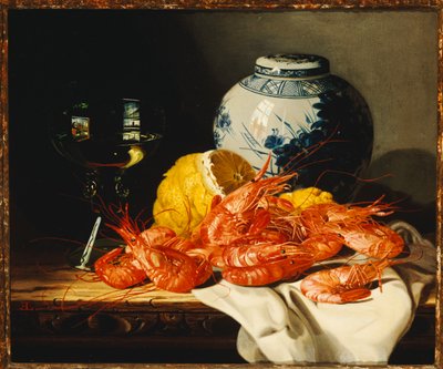 Karidesler, soyulmuş bir limon, bir kadeh şarap ve dökümlü bir masada mavi ve beyaz zencefil kavanozu by Edward Ladell