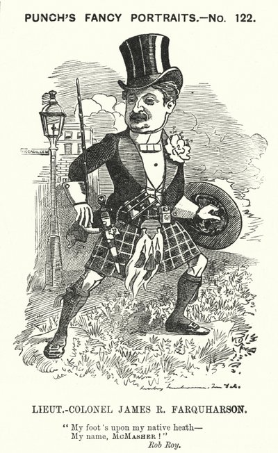 Yumruk karikatürü: James Ross Farquharson, İskoç askeri (gravür) by Edward Linley (after) Sambourne
