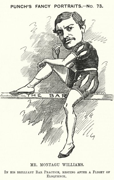 Punch karikatür: Montagu Williams, İngilizce öğretmeni, asker, aktör, oyun yazarı, avukat ve yargıç (gravür) by Edward Linley (after) Sambourne