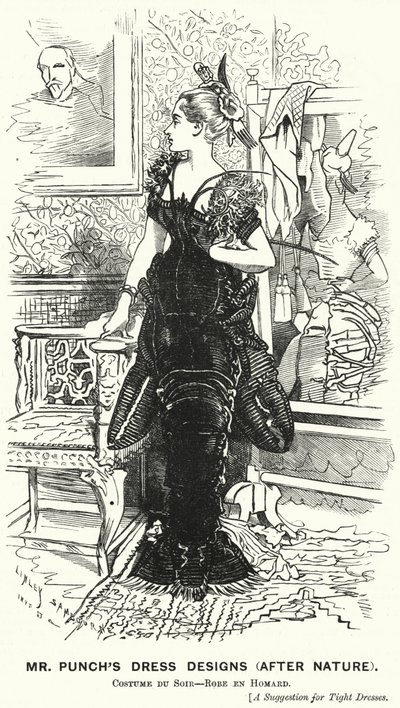 Punch karikatür: Bay Punch'ın Elbise Tasarımları (Doğadan Sonra) - ıstakoz elbisesi (gravür) by Edward Linley (after) Sambourne