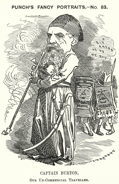 Punch karikatür: Richard Burton, İngiliz kaşif, coğrafyacı ve diplomat (gravür) by Edward Linley (after) Sambourne