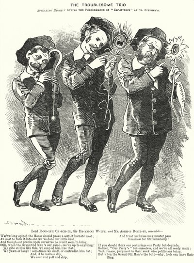 Yumruk karikatür: Zahmetli Üçlü: Lord Randolph Churchill, Henry Drummond Wolff ve Ellis Ashmead-Bartlett, İngiliz Muhafazakar politikacılar (gravür) by Edward Linley (after) Sambourne