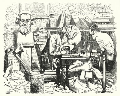 Punch karikatür: yazar çalışma odasında iş başında (gravür) by Edward Linley (after) Sambourne