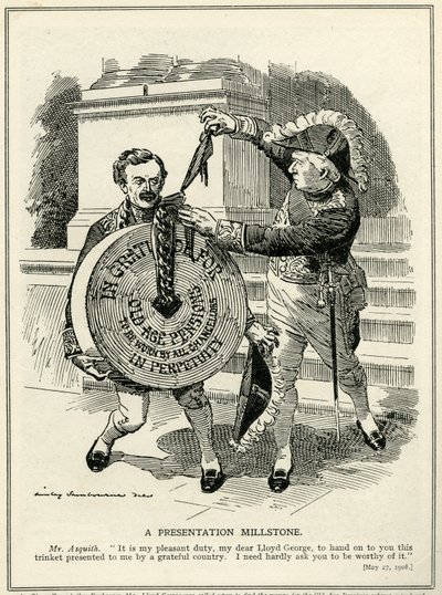 'Bir Sunum Millstone', Başbakan Asquith Maliye Bakanı Lloyd George'a Yaşlılık Emekli Maaşı planını sunar, 1908 by Edward Linley Sambourne