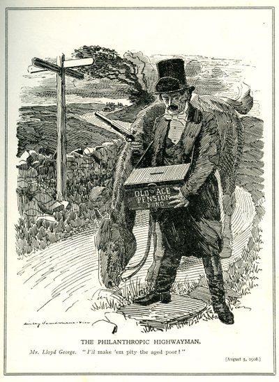 'Hayırsever Otoyolcu', Lloyd George ve Yaşlılık Emekli Sandığı, 'Punch' dergisinden karikatür, 5 Ağustos 1908 by Edward Linley Sambourne