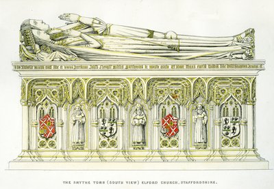 Leydi Isabel Neville ve ikinci kocası Sir William Smythe, Smythe Tomb, St. Peter Kilisesi, Elford, Staffordshire, İngiltere, 1848-9 (el renkli gravür) (ayrıca bkz. 741544 ve 779760) by Edward M. Richardson