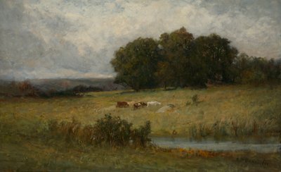 Stream yakınındaki sığır parlak sahne. by Edward Mitchell Bannister