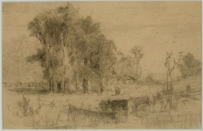Manzara, Kayık ve İnekler (#57) C. 1880 (kağıt üzerinde grafit) by Edward Mitchell Bannister