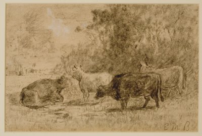 Dört İnekli Manzara, c. 1880'ler (kağıt üzerinde kömür) by Edward Mitchell Bannister