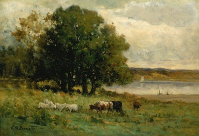 Uzakta yelkenli ile nehir yakınında isimsiz sığır, n.d. by Edward Mitchell Bannister