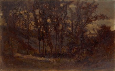 İsimsiz orman sahnesi, ön planda devrilmiş ağaç ve arka planda ev, 1873. by Edward Mitchell Bannister