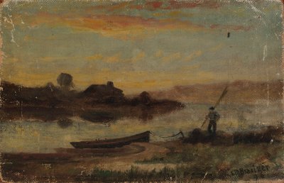 İsimsiz manzara, kıyıya yakın demirlemiş tekne, yürüyen adam, 1896. by Edward Mitchell Bannister