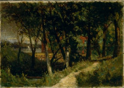 İsimsiz manzara, kırmızı çitli orman sahnesi ve bina, 1893. by Edward Mitchell Bannister