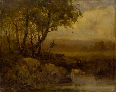 İsimsiz manzara, nehir kıyısı, üç inek. by Edward Mitchell Bannister