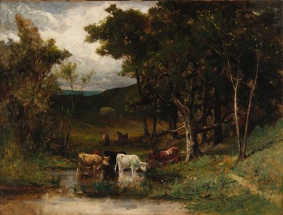 Ağaçların yanında derede ineklerin olduğu isimsiz manzara, 1882. by Edward Mitchell Bannister