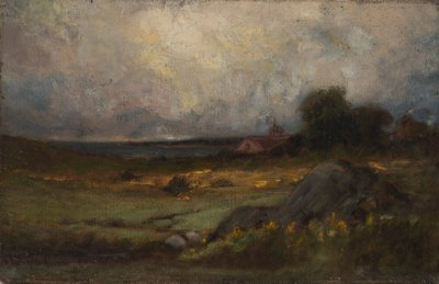 Ön planda kaya ve çan kulesi olan çatı, arka planda göl ile isimsiz manzara, n.d. by Edward Mitchell Bannister