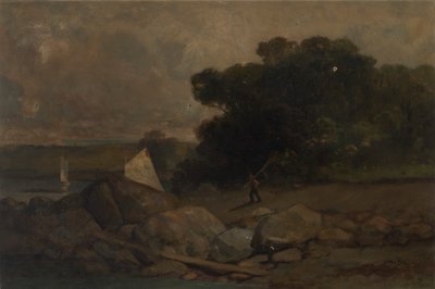 Kayaların, insanların ve yelkenli teknelerin olduğu isimsiz manzara, 1895. by Edward Mitchell Bannister