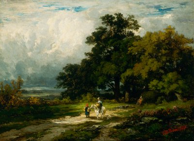 Kadın ve köpek ile atlı isimsiz adam. by Edward Mitchell Bannister