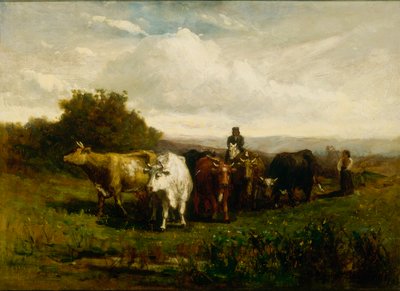 At sırtında isimsiz bir adam, yaya olarak sığır süren kadın, 1880. by Edward Mitchell Bannister