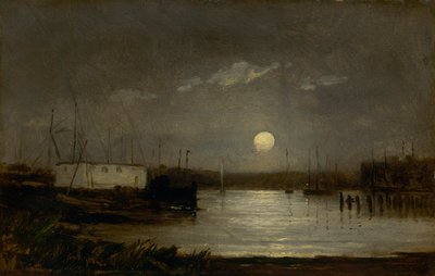 Bir liman üzerinde isimsiz ay, dolunay ve tekne direkleri ile rıhtım sahnesi, ca. 1868. by Edward Mitchell Bannister