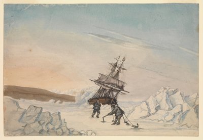 Buza saplanmış bir gemi ve gemiyi dört bağlama ile buza sabitleyen iki mürettebat üyesi by Edward Newell Harrison