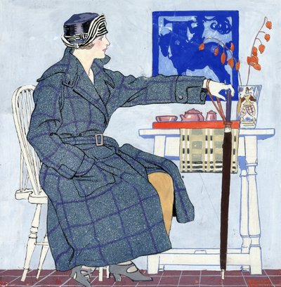 Bir şemsiye tutan bir masanın yanında oturan genç bir kadın by Edward Penfield