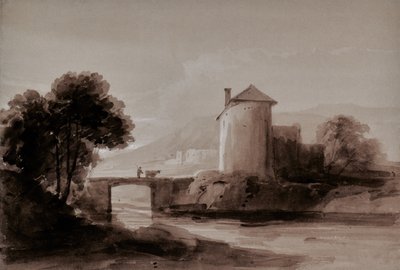 Bir köprüde adam ve inek ile manzara by Edward Pretty