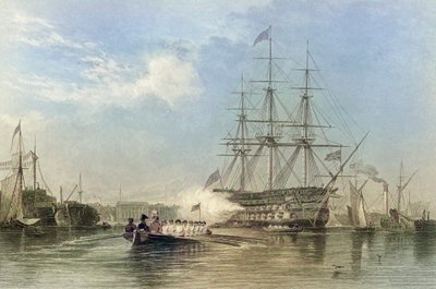 İngiliz Donanması amiral gemisi Gosford limanında selamlıyor, İngiltere. 19. yüzyıl (gravür) by Edward William (after) Cooke