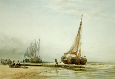 Balıkçı Grupları ile Sahilde Hollandalı Balıkçı Tekneleri by Edward William Cooke
