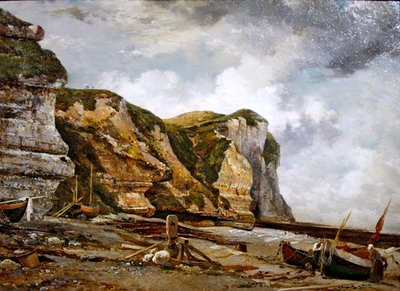 West Falaise ile düşük sudaki kayalar (Etretat kayalıkları ve tekneler) by Edward William Cooke