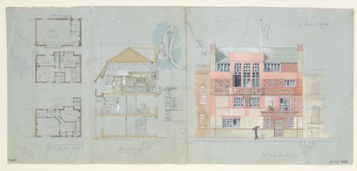 Frank Miles (1852-91), Tite Street, Chelsea, 1878-79 (kağıt üzerinde wc ve kurşun kalem) için Ev ve Stüdyo için Ön Yükseklik ve Bölüm (ayrıca bkz. 176481-482, 176484-485) by Edward William Godwin