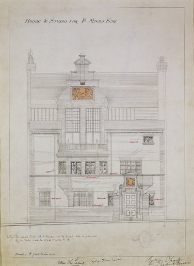 F. Miles Esq, Tite Street, Chelsea, 1878-79 (kağıt üzerinde wc ve kurşun kalem) için House ve Studio için çalışma çizimi (ayrıca bkz. 176481, 176483-485) by Edward William Godwin