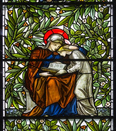 Rahibe Monkton, St Mary, Morris Marshall & Faulkner & Co, William Morris, Edward Burne-Jones, Mary & Jesus Reading, 1873 by Edward and Morris Burne Jones