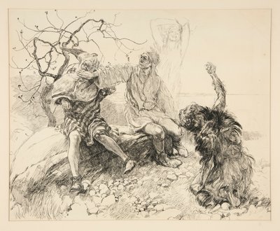 Caliban, Stephano ve Trinculo (Ariel görünmez), II. Perde, Sahne ii, Fırtına için çizim by Edwin Austin Abbey