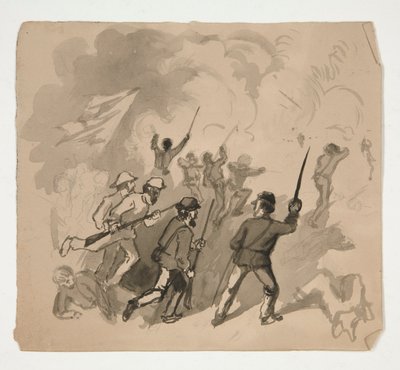 İç Savaş savaş sahnesi (rekto); Bir ormandaki adamın tanımlanamayan çizimi (verso) by Edwin Austin Abbey