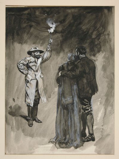 Çift sokakta meşale tutan bir adamla karşı karşıya kaldı - tanımlanamayan resim by Edwin Austin Abbey