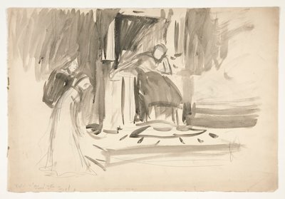 İki figürle çevrili tahttaki figür, tanımlanamayan bir Shakespeare oyunu için eskiz by Edwin Austin Abbey