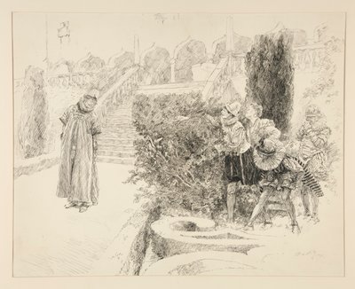 Malvolio, II. Perde, Sahne v, Onikinci Gece için mektubu, çizimi bulur by Edwin Austin Abbey