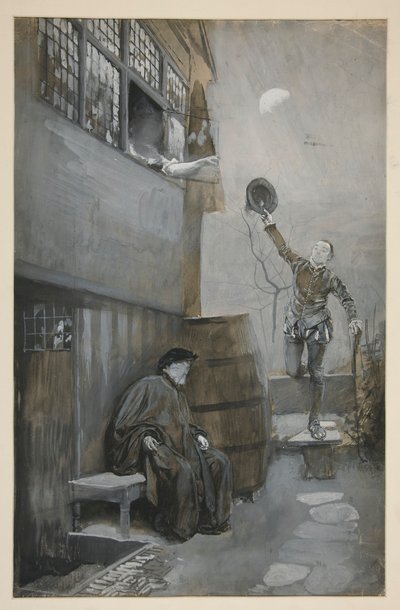 Nighttime Rendezvous için taslak - 3 figür: iki erkek, bir kadın by Edwin Austin Abbey