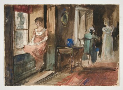 Bir iç mekandaki figürlerin taslağı by Edwin Austin Abbey